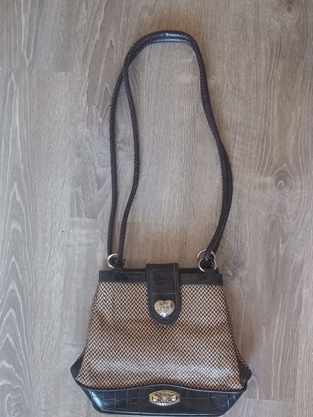 Woven Tan and Black Shoulder Bag with Heart Accent
